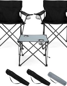 HaSteeL Folding Camping Chair Set of 3, Foldable Black Camp Chairs & Grey Table, Large Lawn Chair Portable for Adults Hiking, Fishing, Picnic, Outdoor BBQ, Travel, Sports, Cup Holders & Storage Bags